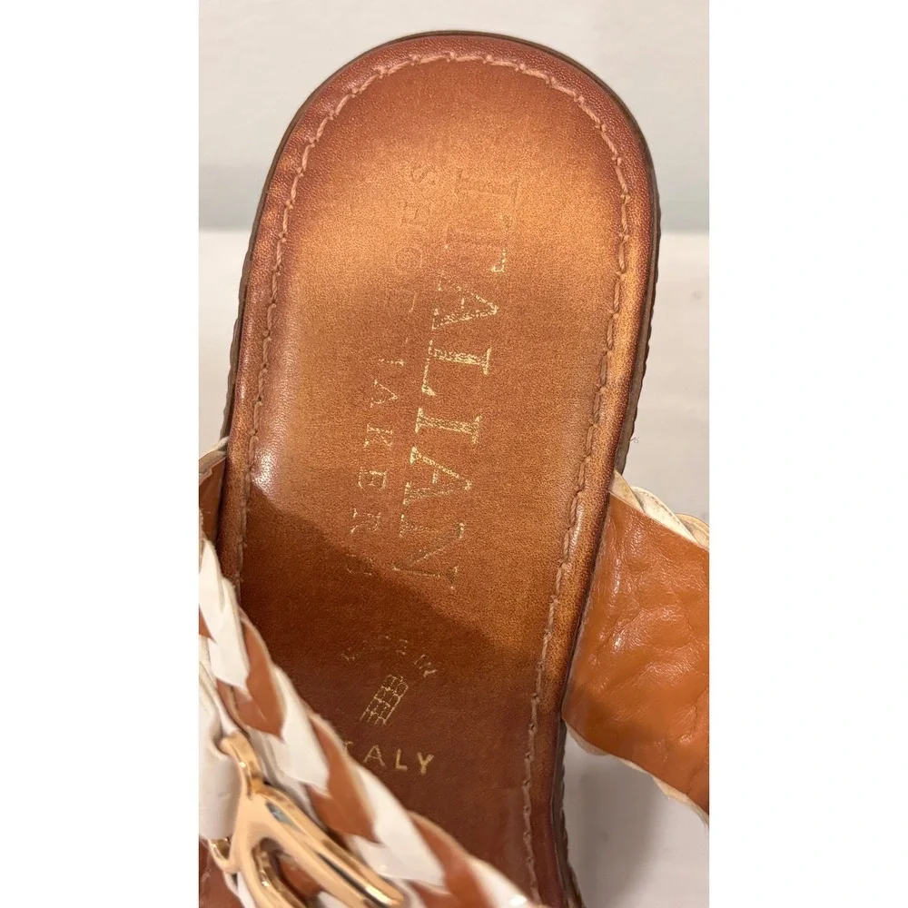 Italian Shoemakers White Brown Braided Buckle Wedge Sandals Size 7 Made in Italy